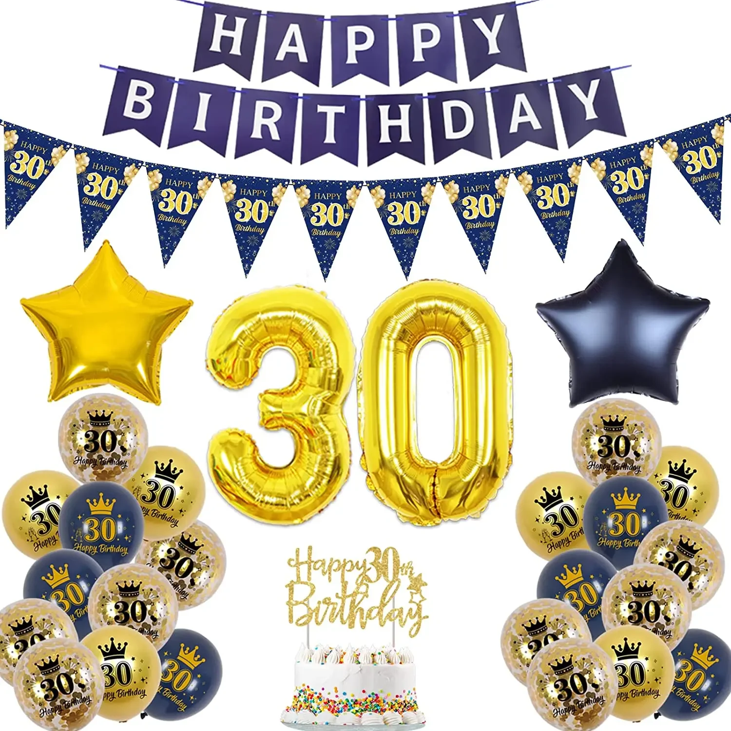 

Birthday Party Decorations for Men and Women, Navy Blue, Gold, Confetti Balloon, Triangle Bunting Banner, Supplies, 18th, 30th,