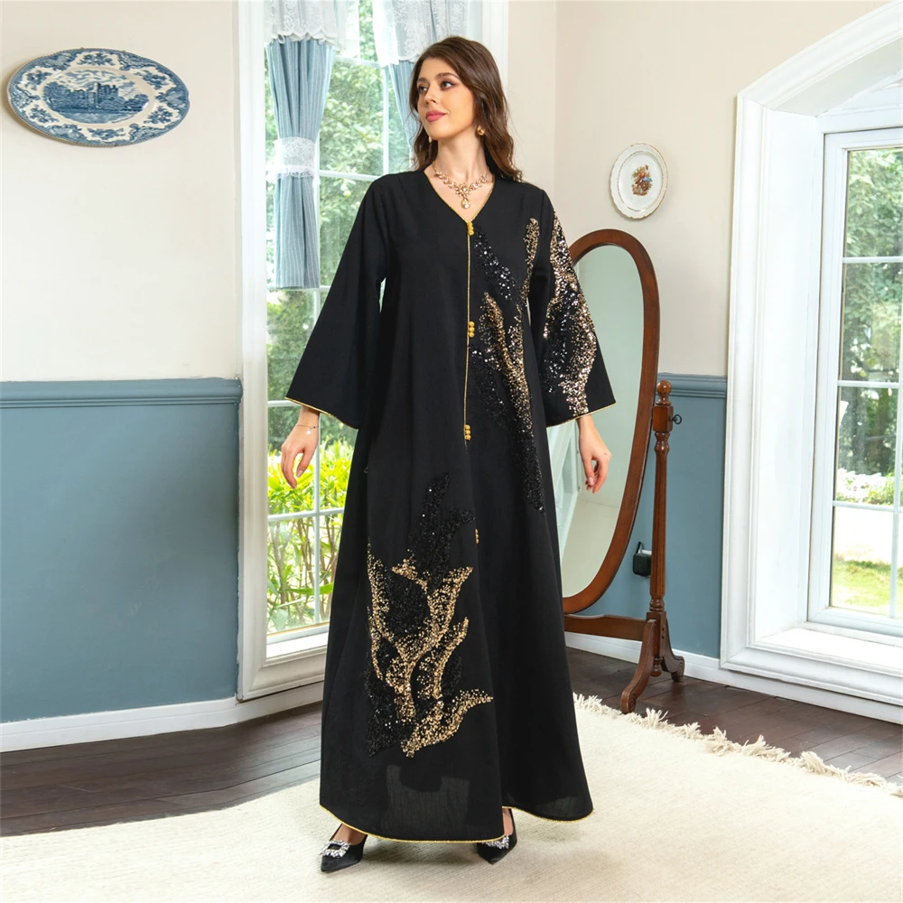 Arab Dubai Muslim Women's Clothing Middle Eastern Long-sleeved Patchwork Sequined Loose Dress