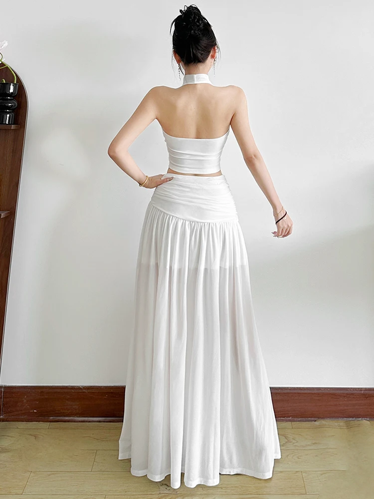 Nibber Pieghe Set da 2 pezzi Donna Halter Colletto altalena Mini gilet + Gonne lunghe Abiti eleganti per feste in spiaggia Abiti coordinati alla moda