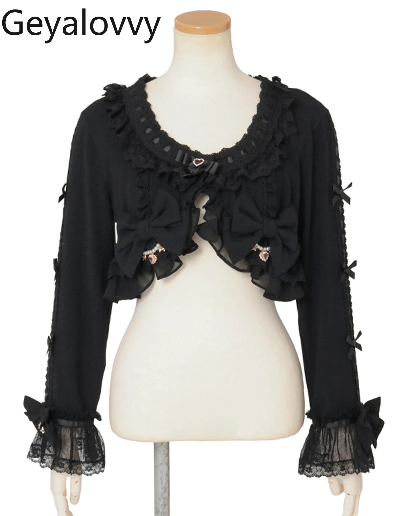 

Массовое производство, милый вязаный свитер в стиле Лолиты с кружевом и бантом в форме сердца, расклешенный короткий кардиган с длинными рукавами и стразами, куртка