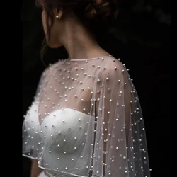 Womens Wedding Bridal Shawl Wrap Capelet See-Through Pearl Beads Jacket Bolero Tulle Cape Bridesmaid