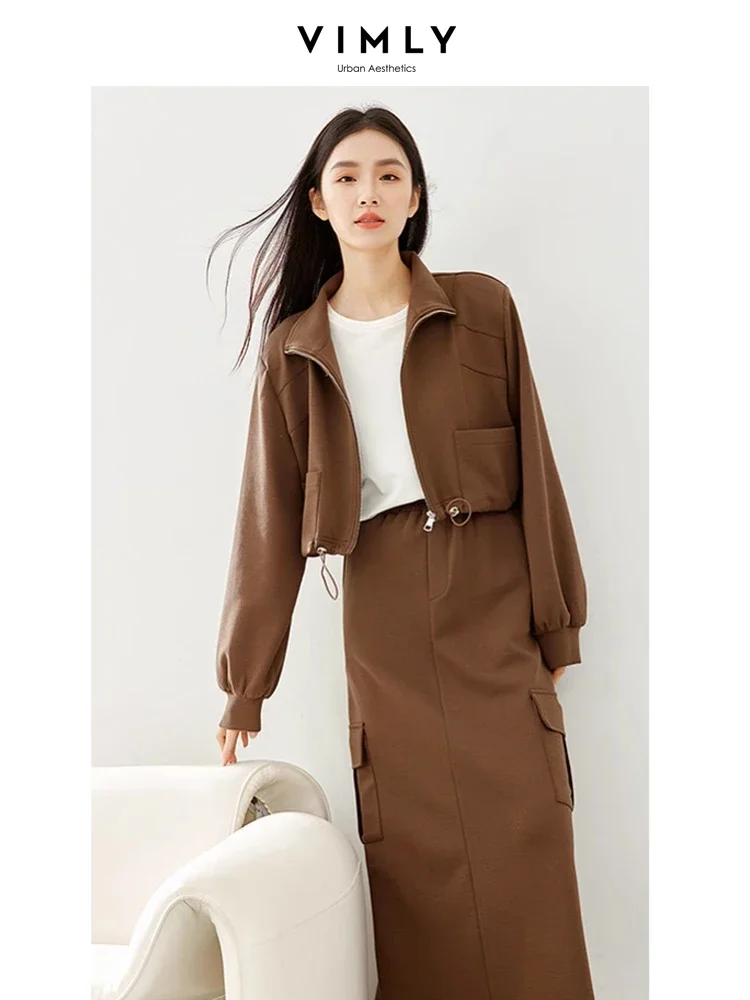 Vimly 2 Piece Sets Women Outfit Zipper Cropped Jacket Cargo Style Straight Split Skirts 2024 Spring New in Matching Sets M5002