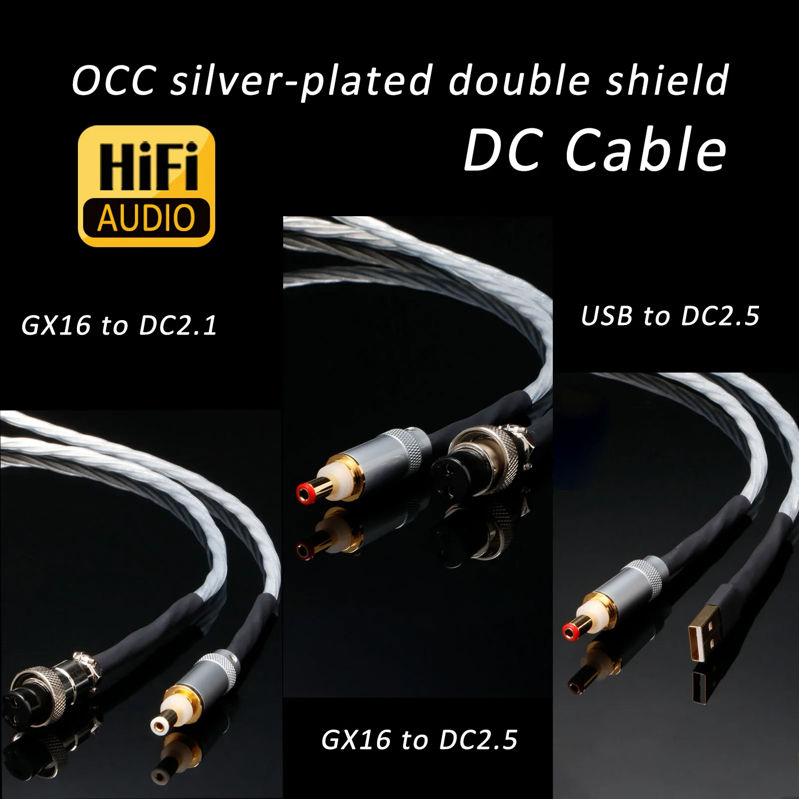 Hifi GX16 to DC2.1/DC2.5 Cable OCC silver-plated double shield Digital cable use for audiophile speaker amplifer CD/DVD Player