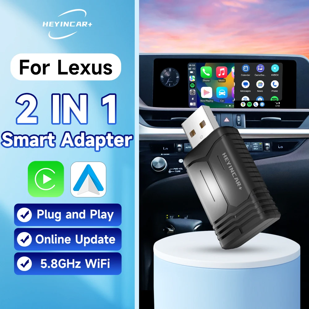 2024 New HEYINCAR 2in1 Wireless Android Auto Adapter Carplay Wireless  For Lexus ES 200 300 RX NX UX GX LX IS LS