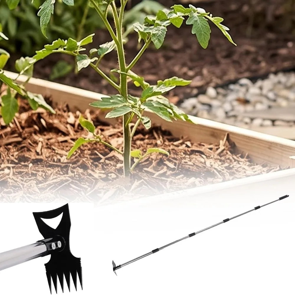 Durable Steel Weed Puller Tool 2 in 1 Heavy Duty Stand Up Weeding Tool Long Handle Adjustable Hand Rake Tool