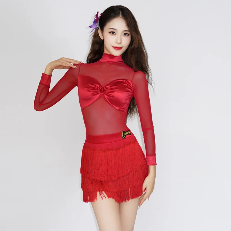 

Красный костюм для латинских танцев, женский танцевальный костюм для ча-ча-самбы, одежда для латинских выступлений для взрослых, тренировочная танцевальная одежда, юбка с бахромой VBH2312