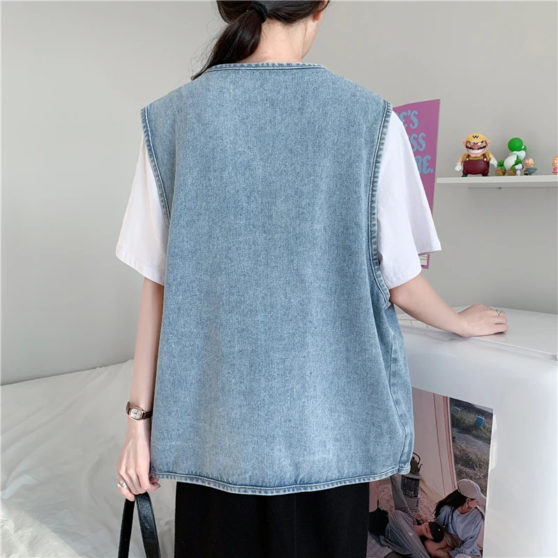 Vintage Spring Autumn Blue Denim Vest Women Leisure Plus Sized V Neck Single Breasted Sleeveless Jackets All-matched Tops S-5xl