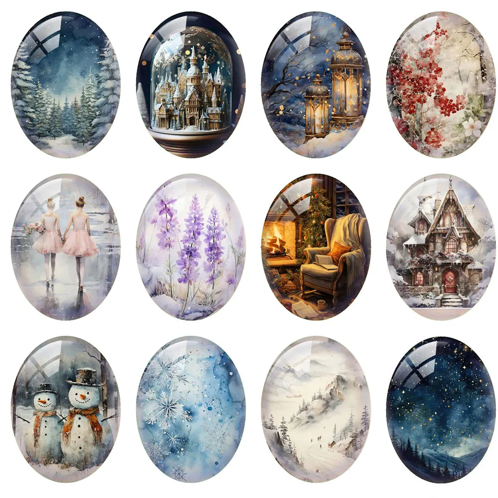 10pcs/lot Christmas X-mas Winter Night Snowman Mountain Oval Photo Glass Cabochon Flatback Demo Cameo For Diy Jewelry Making