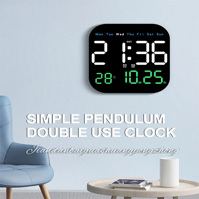 Digital LED Wall Clock With Remote Control Temperature Time Week Date Display Fashion Living Room Desktop Alarm Clock