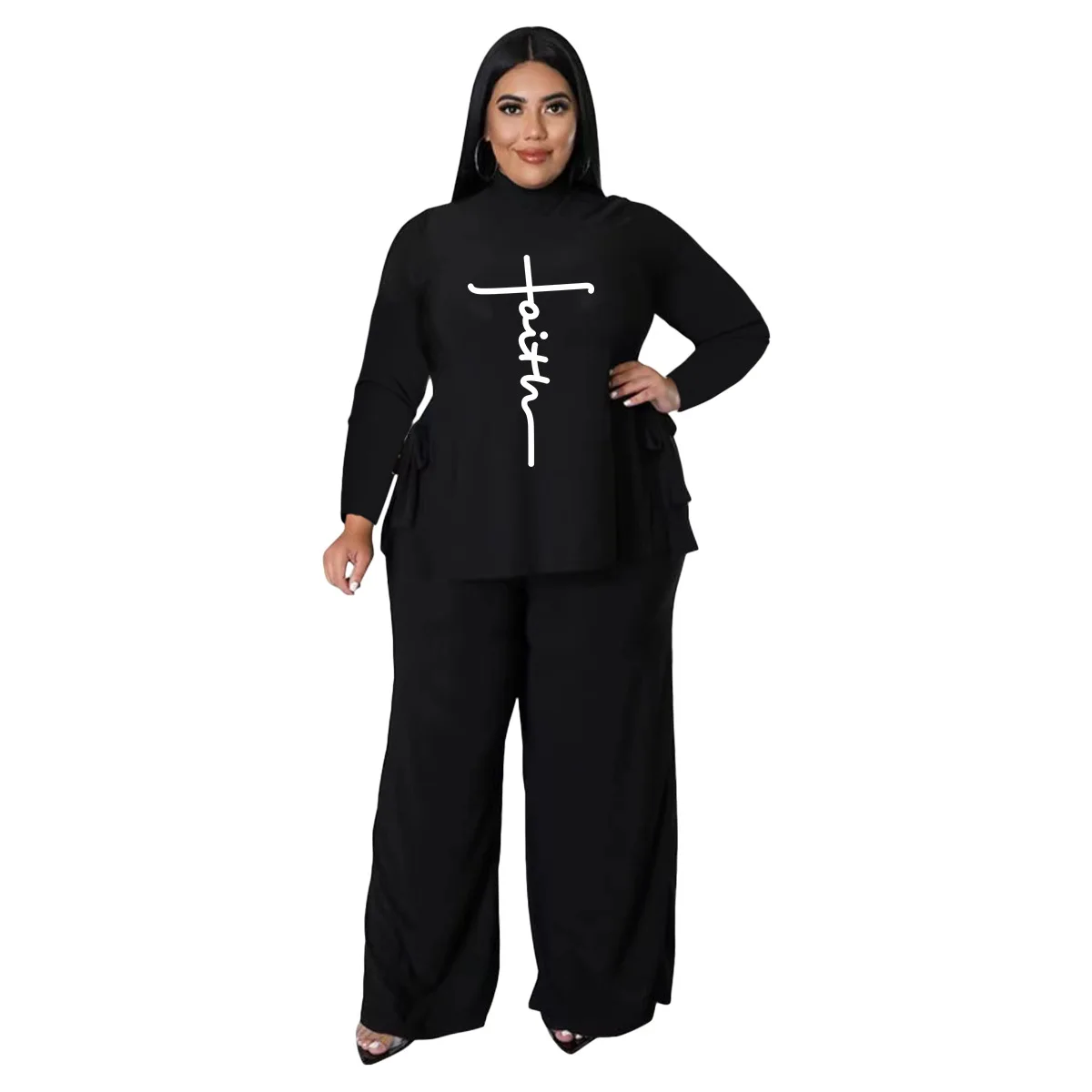 2022 popular na moda fé impresso 2 peça conjunto queda casual tripulação pescoço solto plus size roupas femininas atacado dropshipping