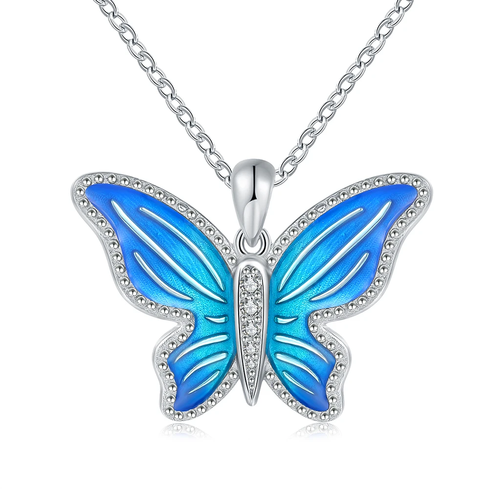 Gradient Blue Enamel Butterfly Pendant Chain 925 Sterling Silver Animal Necklace For Women Girlfriend Wife Jewelry Birthday Gift