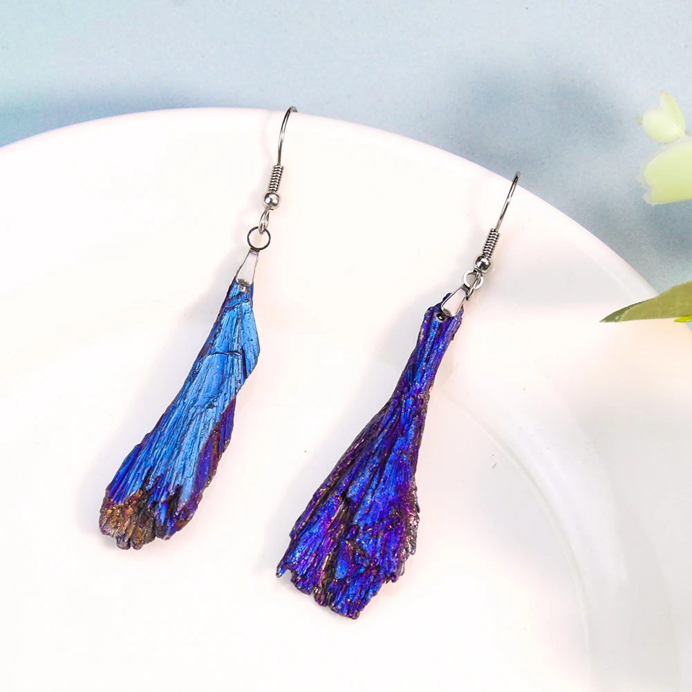 1 Pair Tourmaline Earrings Feather Stone Charms Unique Ear Hook Wand Dangle Blue Royalblue Mineral Bohemian Woman Jewelry Gift