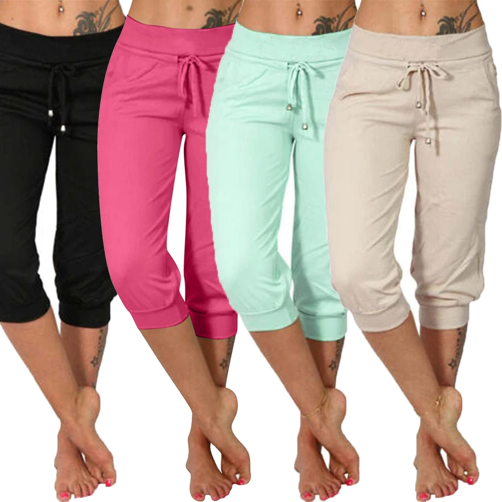 Pantalons décontractés mi-mollet pour femmes, version moulante, taille haute avec poche à cordon, pantalons de survêtement