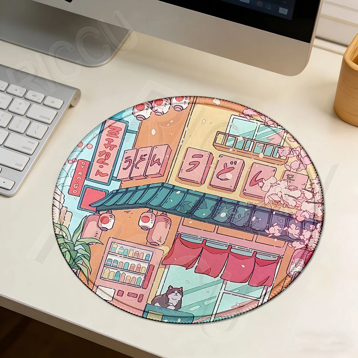 Pink Round Mouse Pad Cute Anime Cat Street Landscape Mousepad Desktop Decort Mats Gaming PC Keyboard Deskmat Office Accessories