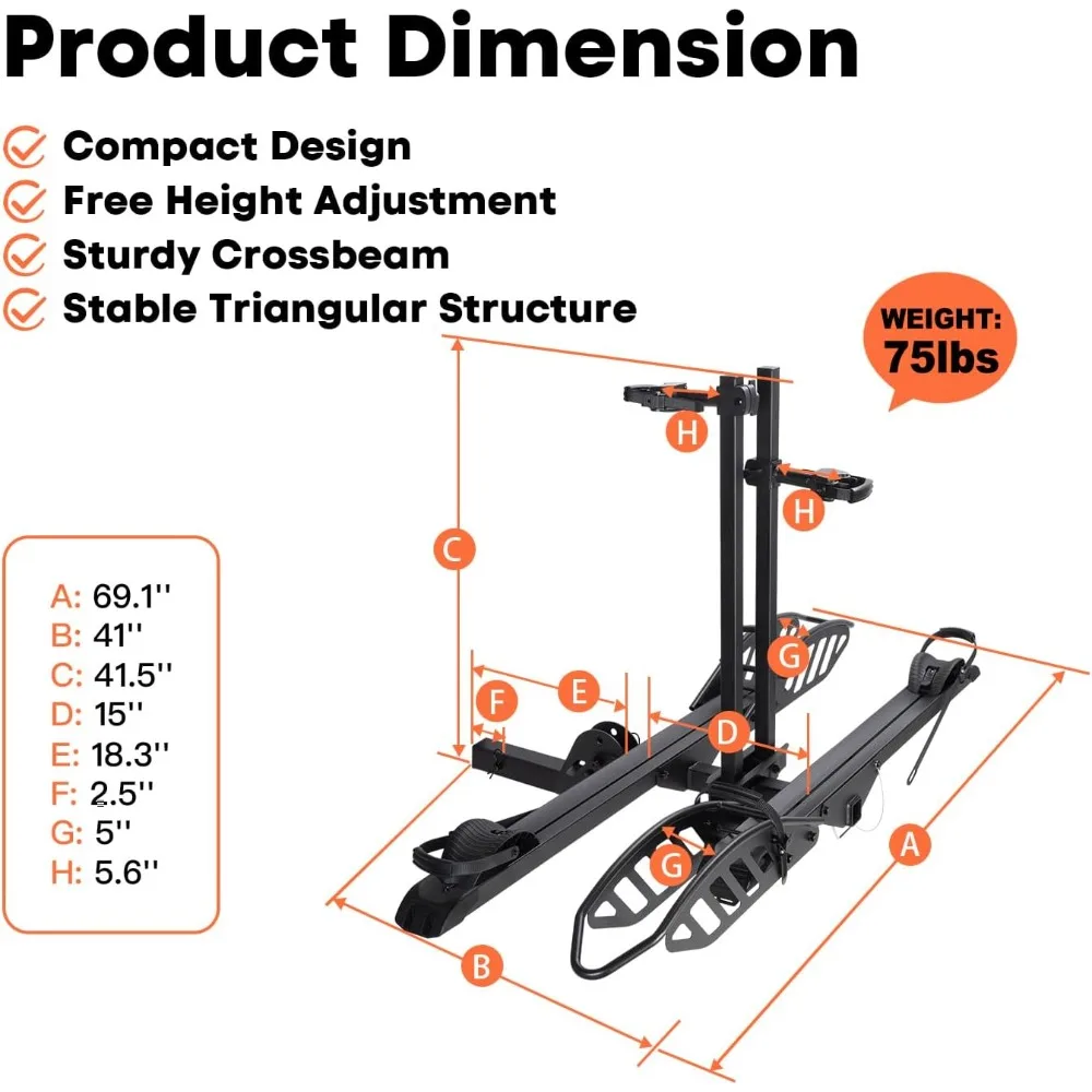 EBike Rack with Ramp, 200 lbs Capacity Heavy Bike Rack Electric Bike Carrier for 2 E-Bike, Foldable Bike Racks for Tow Hitch Up