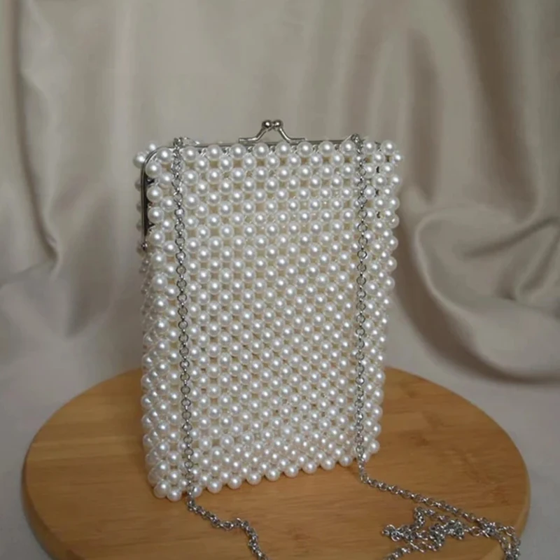 

New Luxury High-end Banquet Clip Ladies Bag Pearl Bead Production Chain Crossbody Bags for Woman Ins Design Mobile Phone Handbag