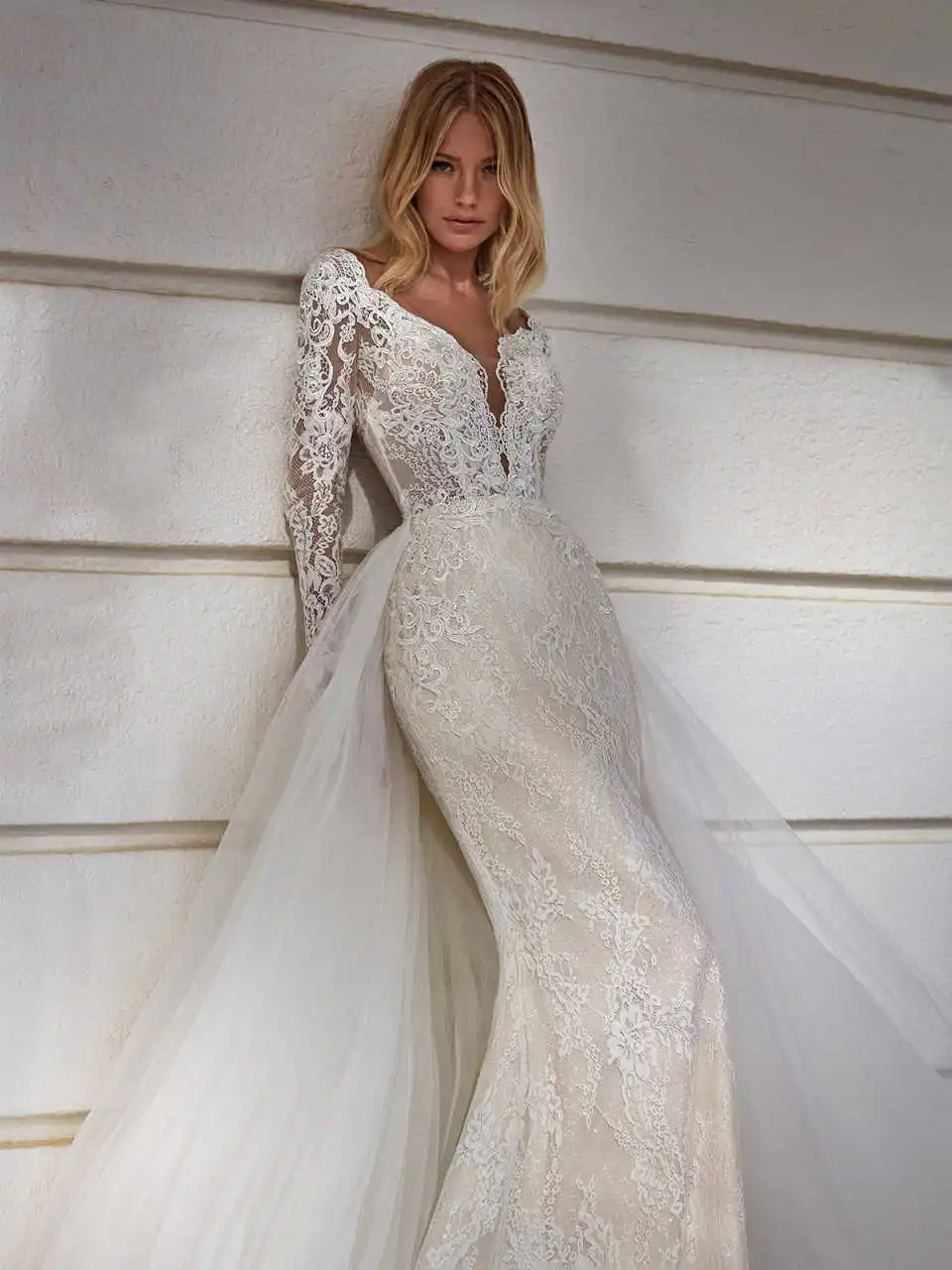 Vintage Mermaid Wedding Dresses Appliques Lace Bridal Gown V-Neck Long Sleeve Detachable Train Vestido De Noiva Customized