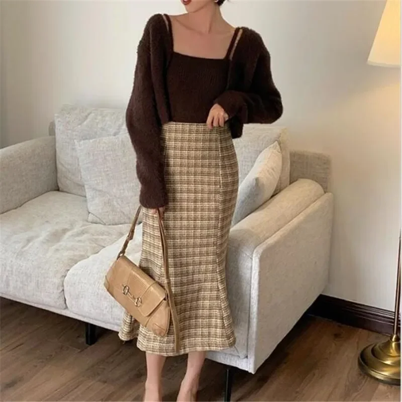 Women Korea Spring Long Sleeve Cropped Knitted Sweater  and Vest Set Sueters De Mujer Vetement Femme 2022