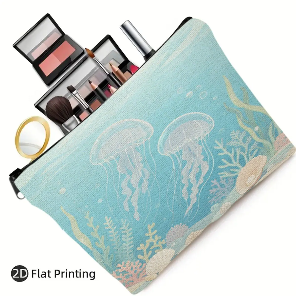 1 Piece Light Blue Jellyfish Makeup Bag - Multifunctional Zipper Pouch for Women, Perfect Travel Zipper Storage Bag, Fun Birthday Gift