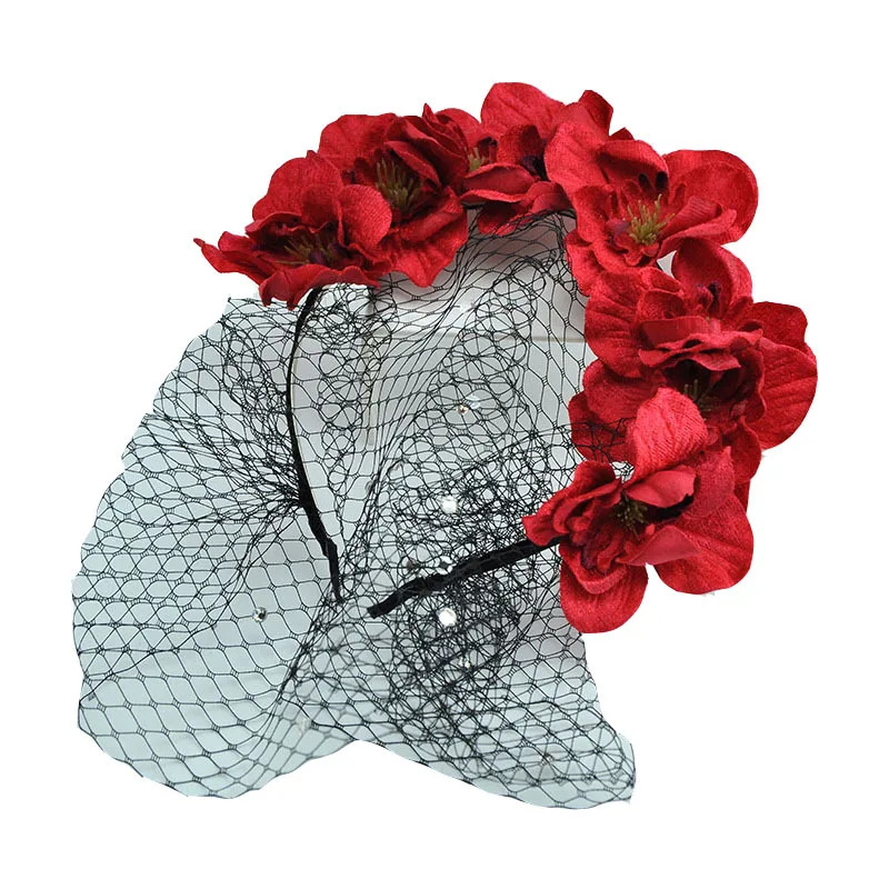 

3D Fabric Flower Hairbands with Face Veil for Women Navy Red Church Wedding Prom Party Show Ladies Flower Fascinator Headwear