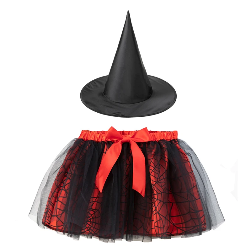 Girls Witch Costume Spider Web Tutu Skirt + Witch Hat 2Pcs Outfit For Children Halloween Carnival Party Cosplay Fancy Dressed Up