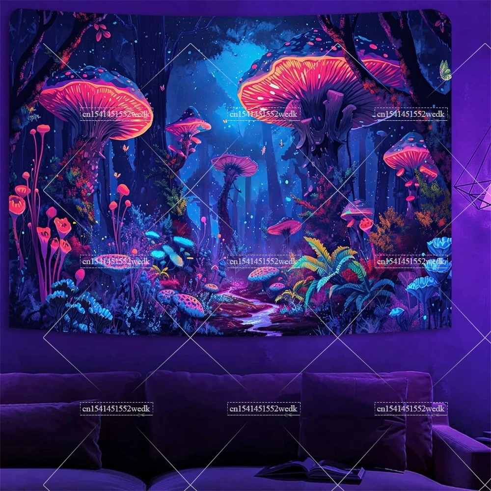 Mushroom Forest Blacklight Tapestry UV Reactive Neon Flower Butterfly Black Light Tapestry Glow In The Dark Wall Decor Wallpaper