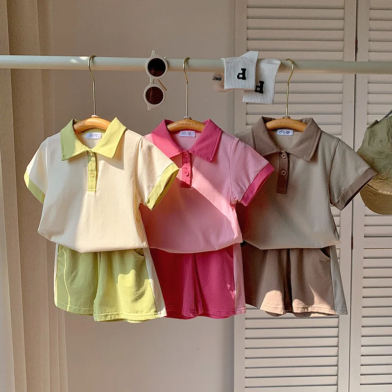 

Summer 2024 new children's Korean version of the suit children color girls and boys shirt short-sleeved shorts