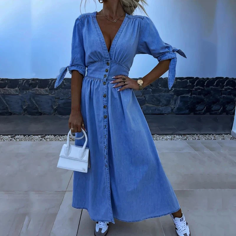 Fashion Single-breasted V-neck Denim Dress Elegant Hight Waist Tie-up Half Sleeves Party Dress Casual Solid Long Dress Vestidos