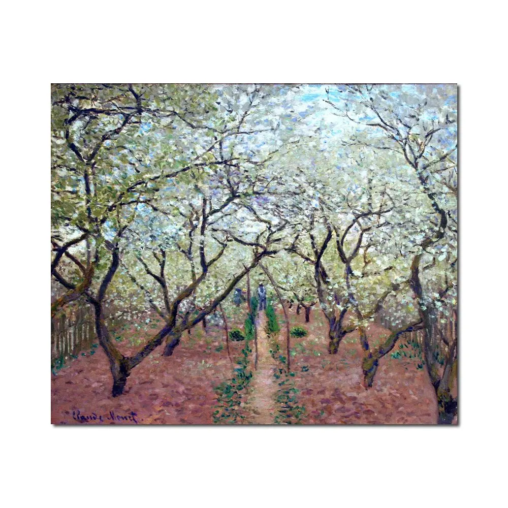 Textured Trees Canvas Art Orchard in Bloom Claude Monet Painting Handmade Impression Landscape Artwork Modern Living Room Decor