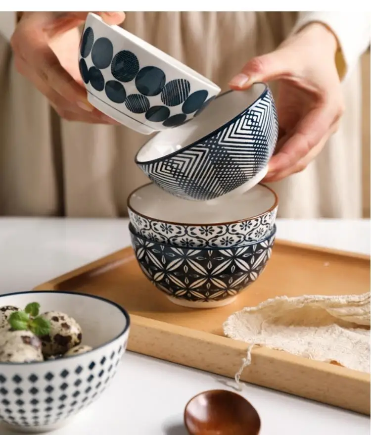 4.5 Inches Bowl Ceramic Kitchen Cutlery Set Japanese Style Personalized Rice Vintage Pattern Gift Box 5pcs