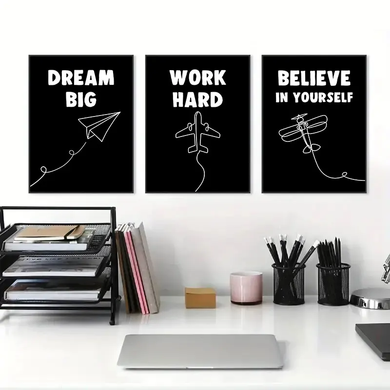 Black White Inspirational Words Canvas Art Poster Prints Simple Airplane Style Line Wall Decor Picture for Living Room Bedroom