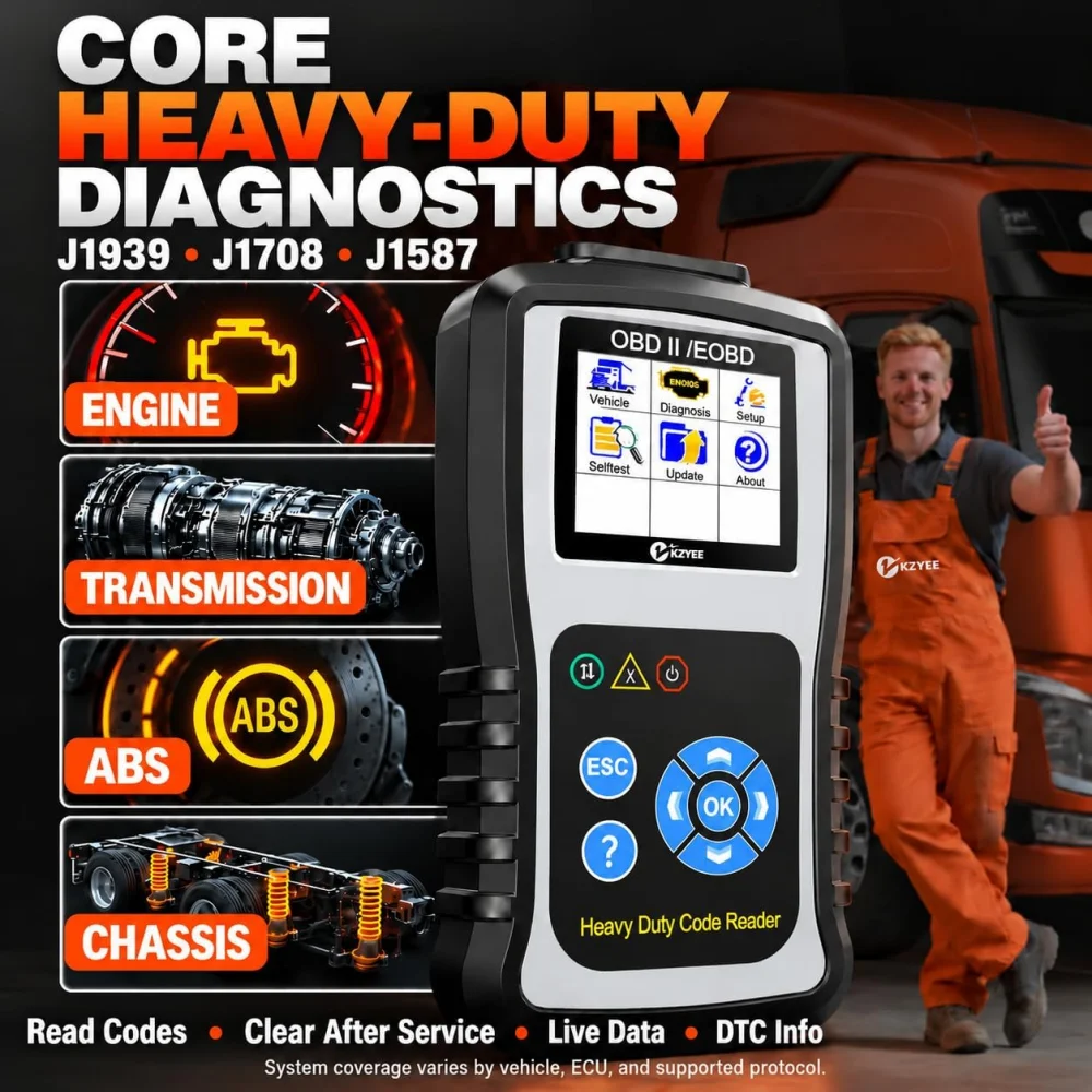 KZYEE KC601 Heavy Duty Truck Scanner Diesel Diagnostic Tool Read & Clear Fault Codes Supports J1939/J1708 & J1587 Includes 6-pin 9-pin 16-Pin Connector Free Update