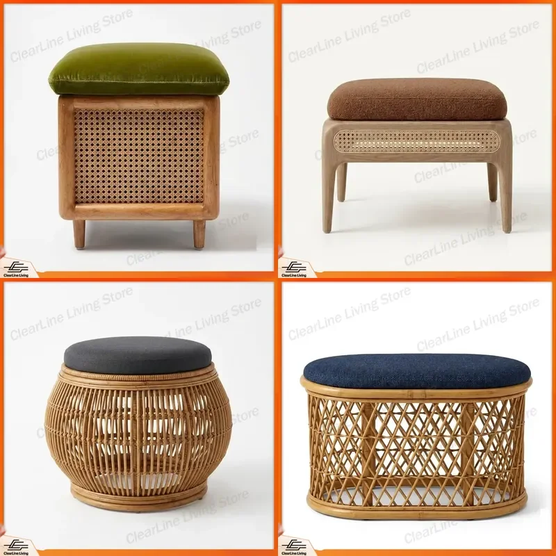 Wholesale Luxury Olive Green Velvet Soft Foot Stool Medieval Modern Style Solid Wood Storage Stool Bohemian Style Woven