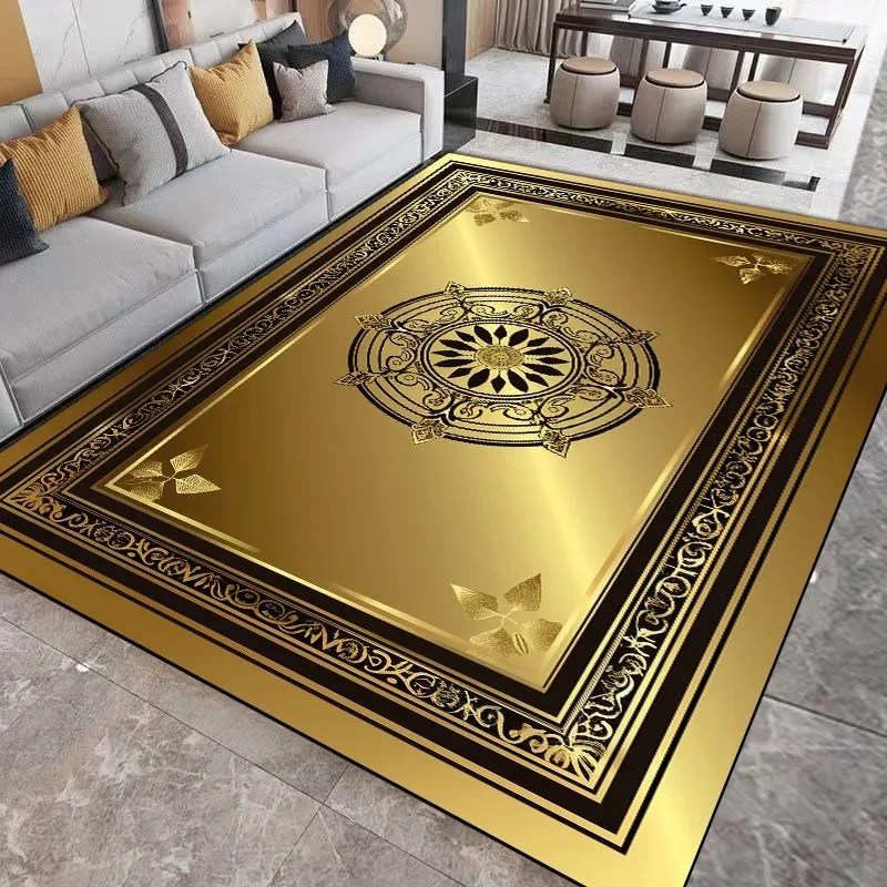 Luxury Gold Medallion Area Rug with Black Trim Traditional Persian Style Carpet Vintage Ornamental Home Decor Rug