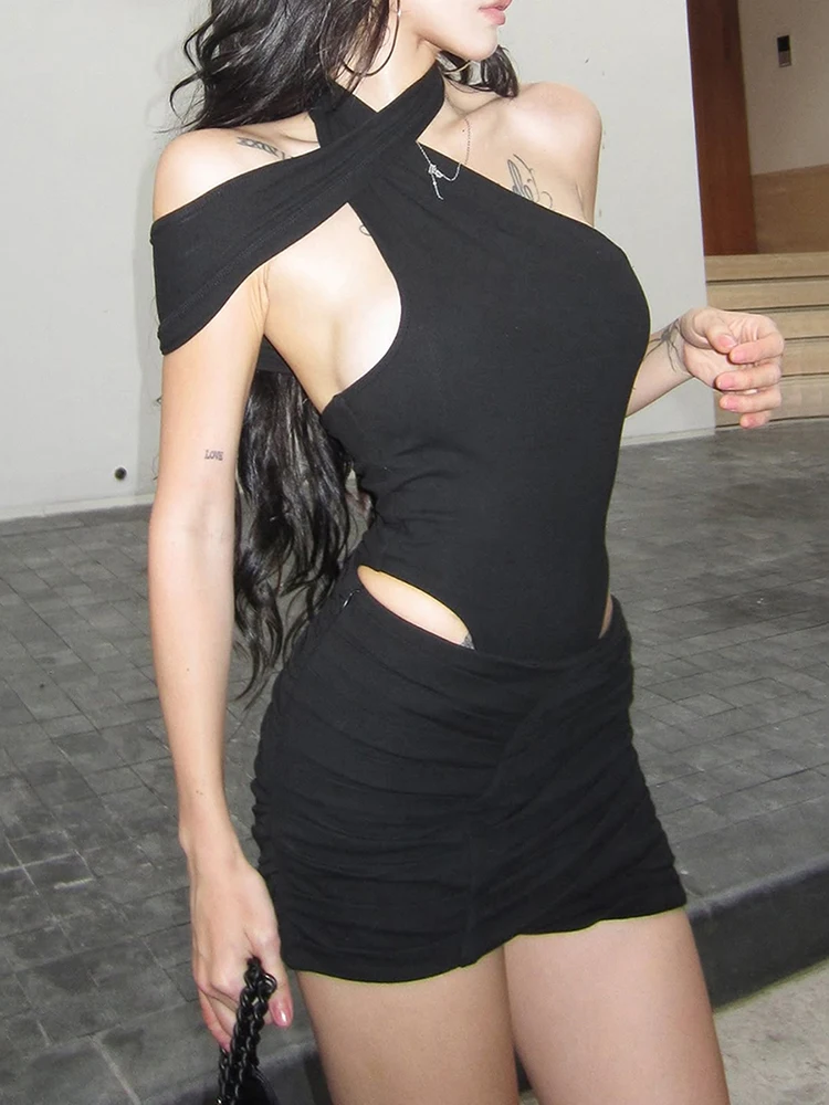 Nibber ウエストレスセクシーな不規則なホルタードレス女性オフショルダー背中の開いた固体エレガントなクラブウェアピーチヒップスキニーミニボディコン