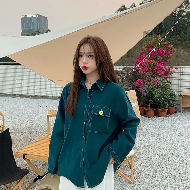 

Oversize Loose Fit Long Sleeve Denim Shirt Women's Green Casual Style Fashion Slimming Top Spring Autumn New Arrival