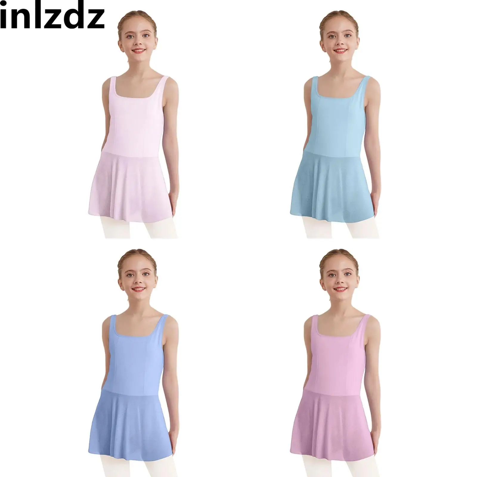 

Kids Girl Ballet Jersey Gymnastics Ice Skating Leotard Wide Shoulder Straps Sides Slit Sheer Mesh Hem Dress with Built-in Briefs