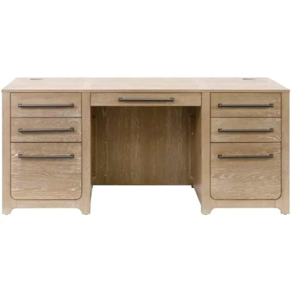 Modern Wood Double Pedestal Executive Desk - Fully Assembled Writing Table in Light Brown