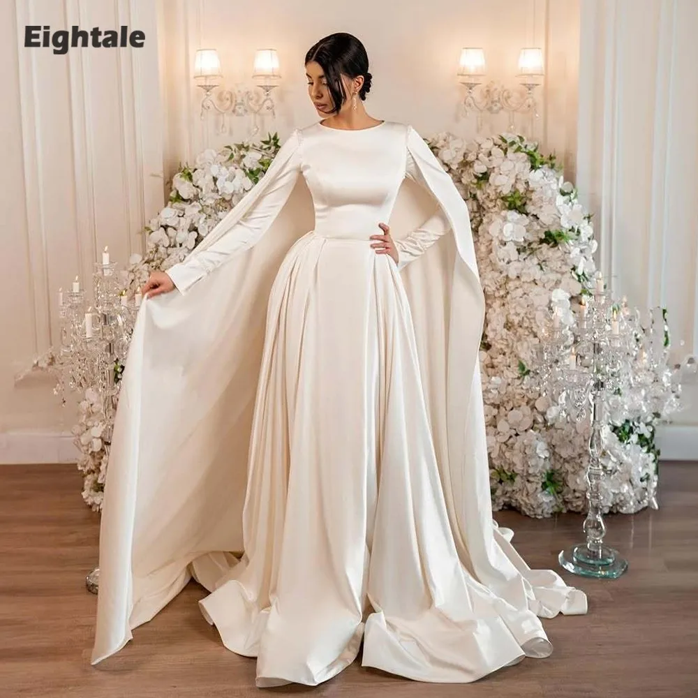 

Eightale Arabic Wedding Dresses O-Neck Customized Satin Long Sleeves Ivory A-Line Muslim Bridal Gowns Vestidos De Novia