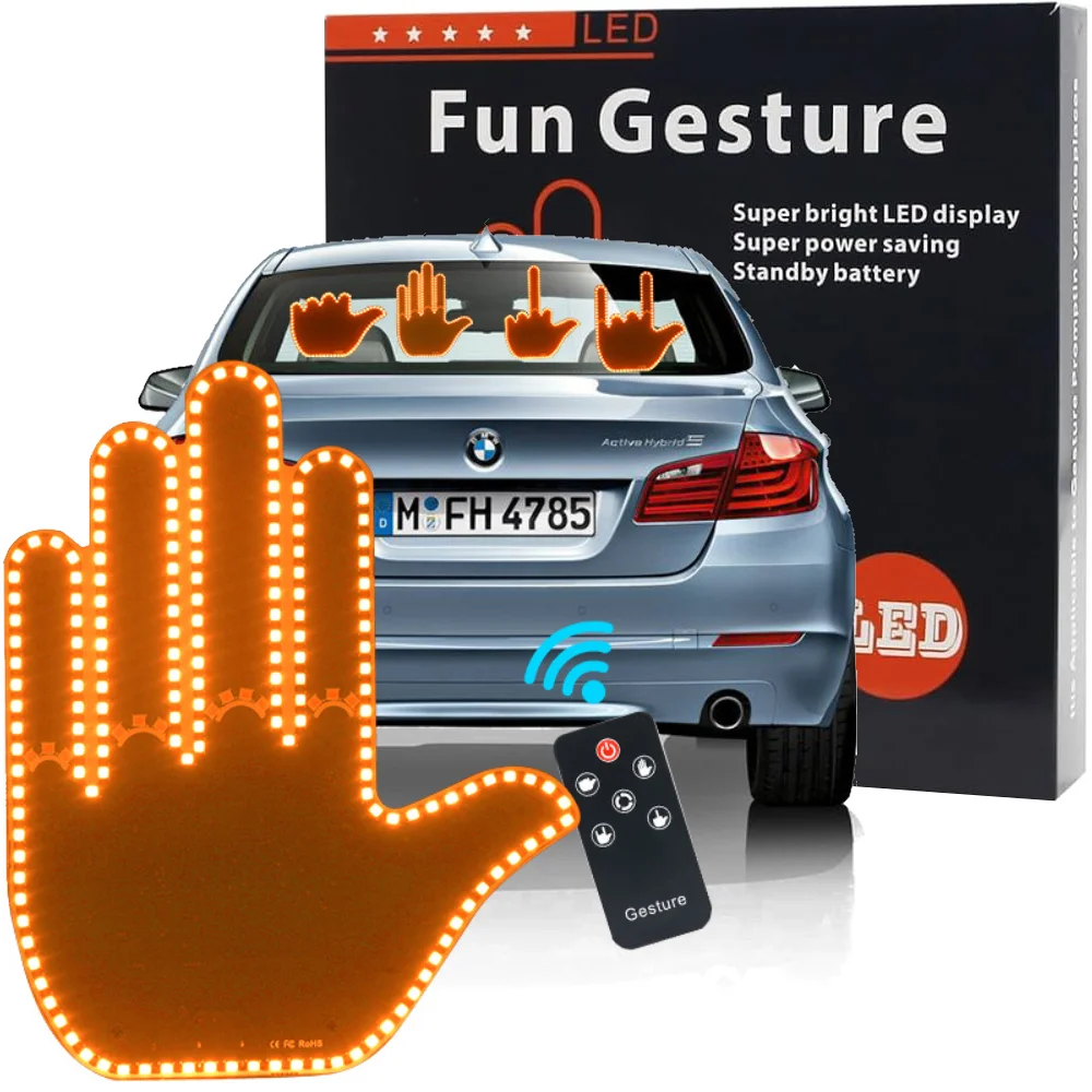 4 Gesture Hand LED Indicator for Car Rear Window Middle Finger, with Remote