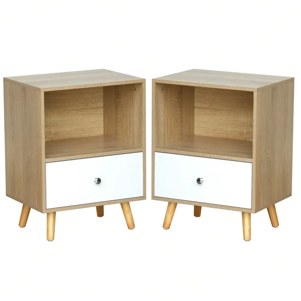 

New Design Nightstands Set Of 2, Modern Wooden 2 Tier Night Stand With 1 Drawer, Tan Bedside Tables With Solid Wood Legs And La