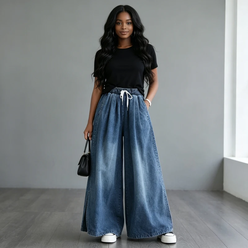 Wide Leg Jeans Women High Waist Pants Vintage Washed Distressed Lace Up Floor Length Streetwear Denims Loose Trousers 2026