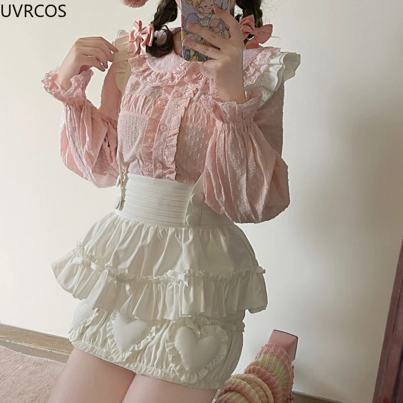 Kawaii Lolita bluzki damskie słodkie słodkie kołnierz piotruś Pan koronkowe falbany bawełniane koszule Top Vintage elegancka, długa rękawy Blusas