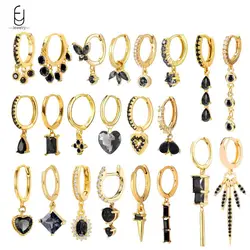925 Sterling Silver Needle Black Crystal Pendant Earrings For Women Geometry Heart Water Drop Gold Earrings Fashion Jewelry Gift