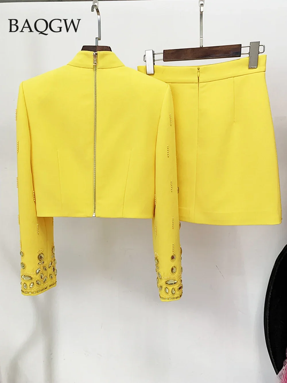 Autumn Women\'s Fashion Sexy Diamond Beaded Zipper Short Top + Skirt Yellow Two Piece Suit Set High Quality Luxury Matching Sets