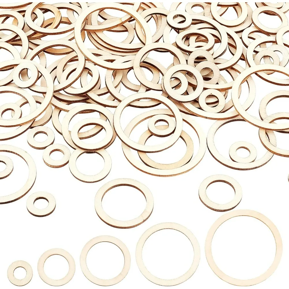 100 Pcs Natural Wood Rings, 5 Size Unfinished Wooden Circles Ornaments Blank Wooden Slices Linking Ring Pendants for DIY Earring