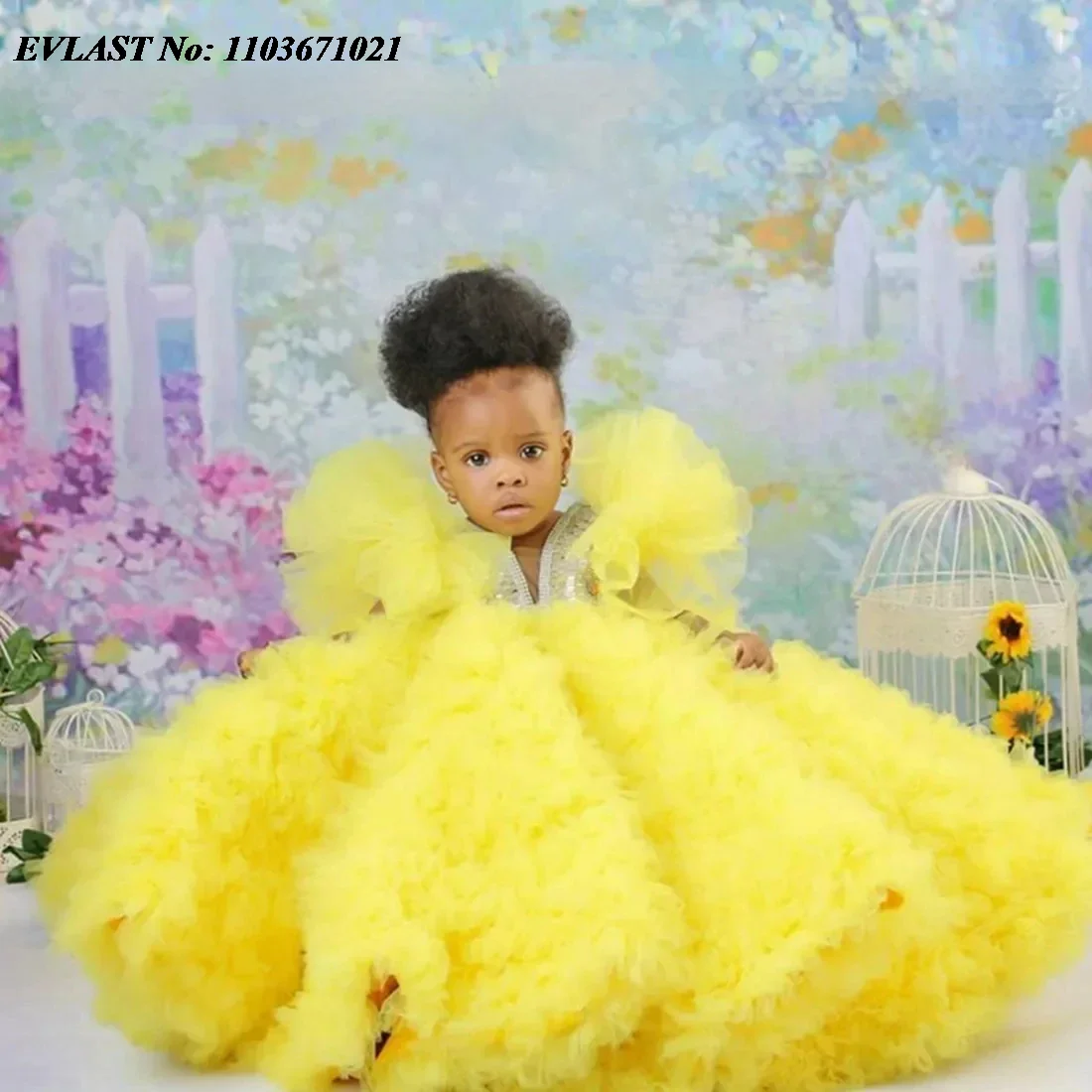 EVLAST Customized Yellow Flower Girl Dress for Wedding Ruffles Holy First Communion Dress Kids Birthday Pageant Gown FD42