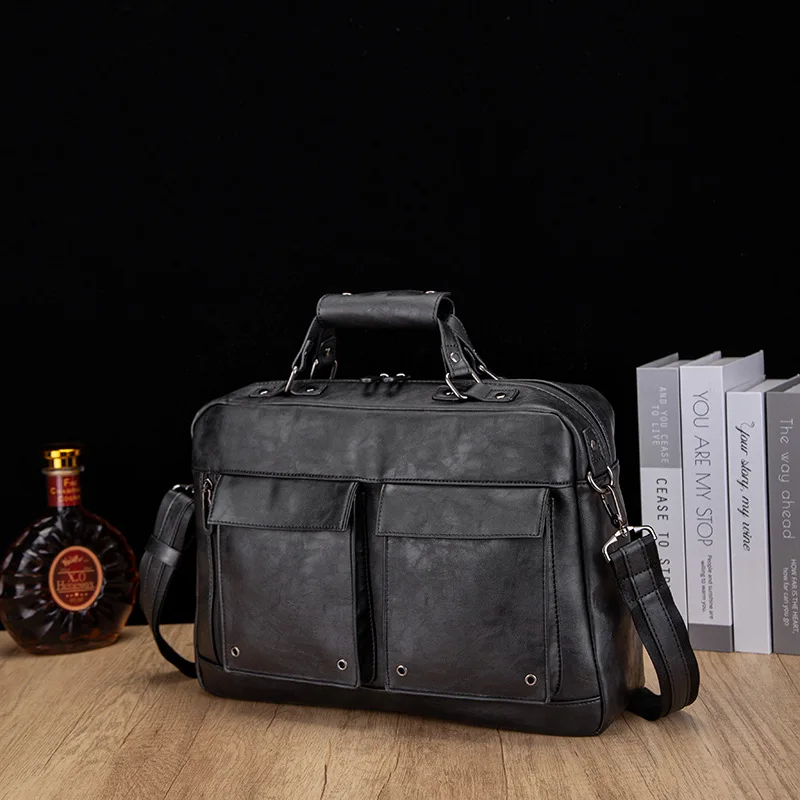 Men's briefcase PU leather horizontal one shoulder large capacity 14 inch computer storage business briefcase