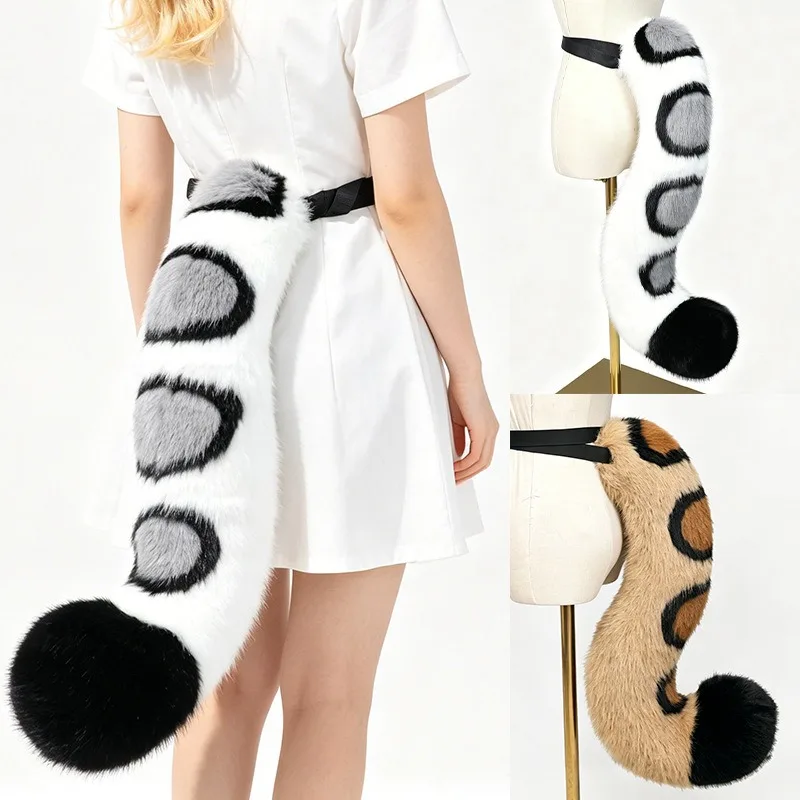 

80cm Plush Snow Leopard Tail Anime Furry Cosplay Prop with Adjustable Belt Handmade Animal Tail Fursuit Costume Accessories