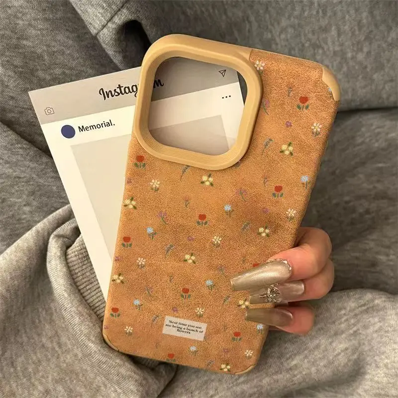 Casing Lunak Suede Gambar Bunga Retro Perancis untuk iPhone 16 15 14 13 Pro Casing Penutup Pelindung Cantik untuk Iphone